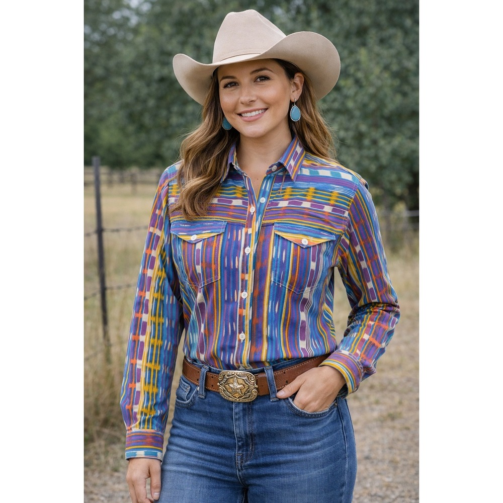 Vtg Cameo Rose Colorful Western Cowgirl Shirt Women Small Aztec Stripe Button Up